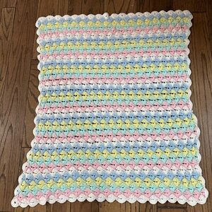 Handmade Crochet Baby Blanket 39x34” Pastel Colors Blue Pink Yellow Green
